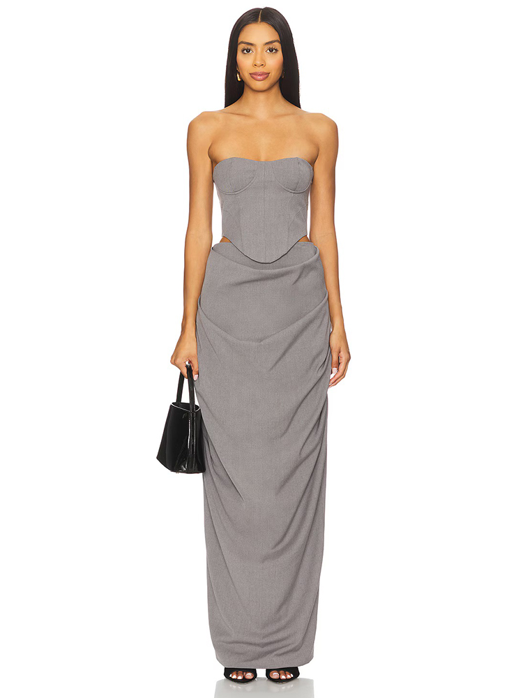 Women Formal Wear Dress - Серый комплект из платья-корсета с открытыми