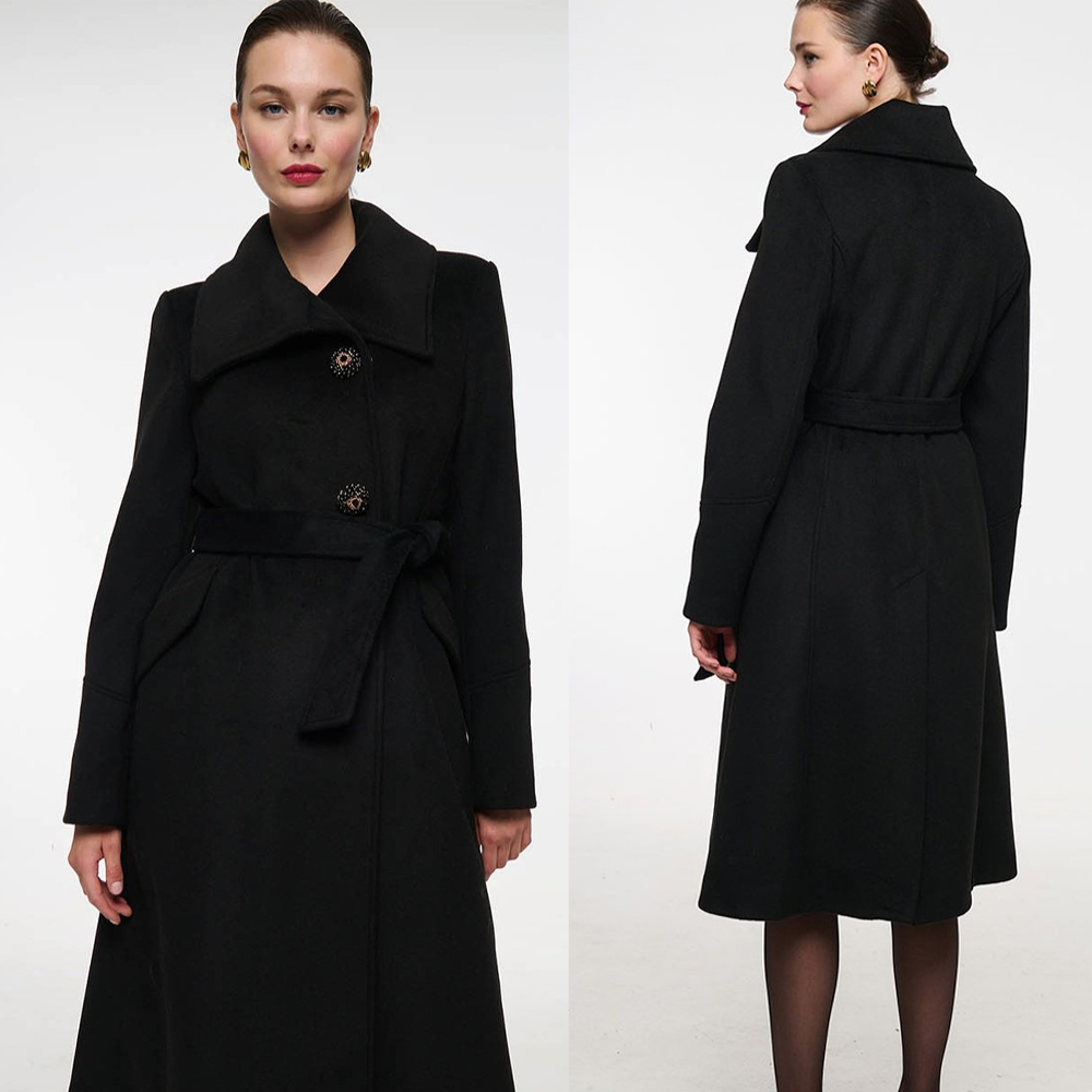 Women Formal Wear For Plus Size - Vintage Black Stand Collar Women Woolen