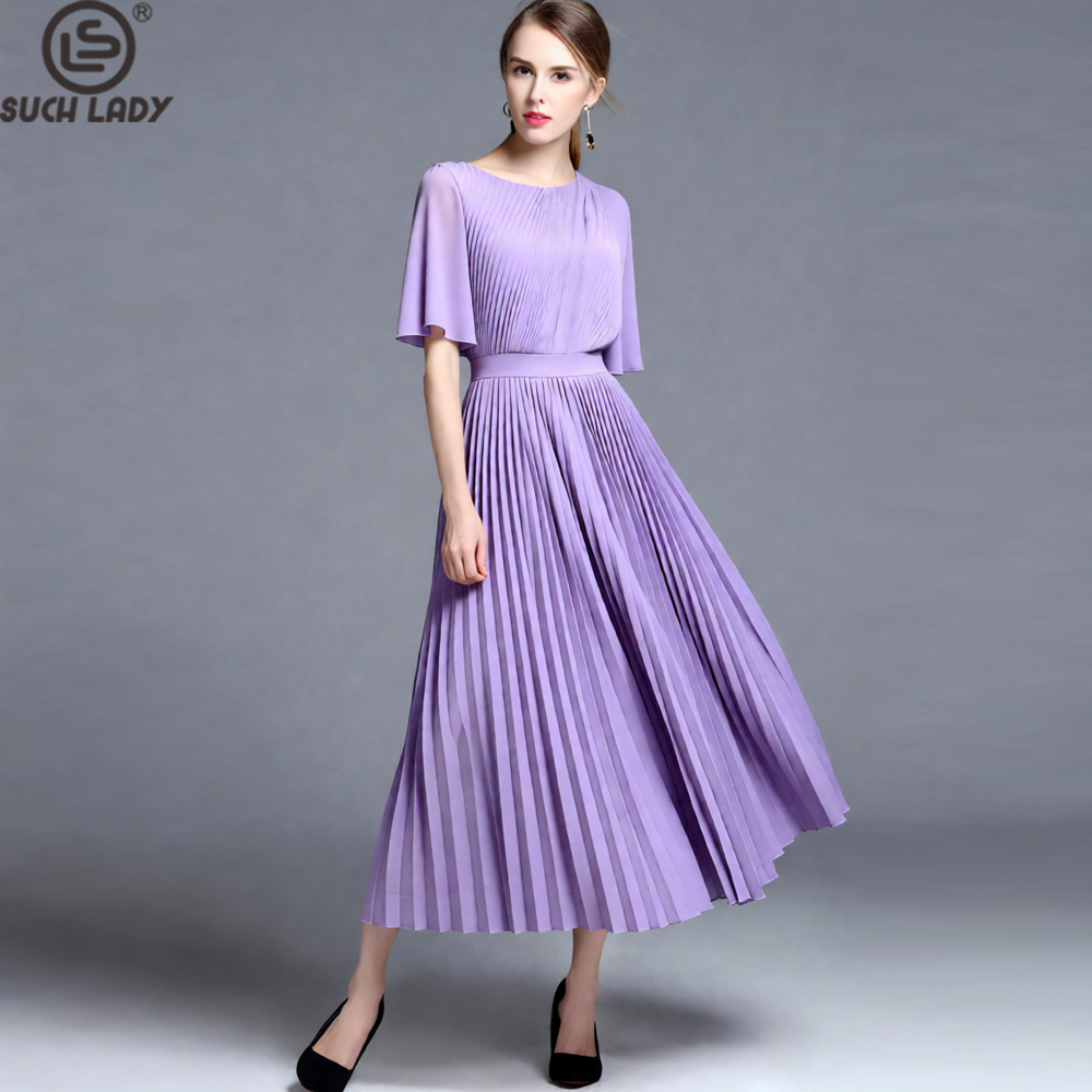 Women'S Formal Wear For Wedding Guest - Женское сиреневое плиссированное платье миди с